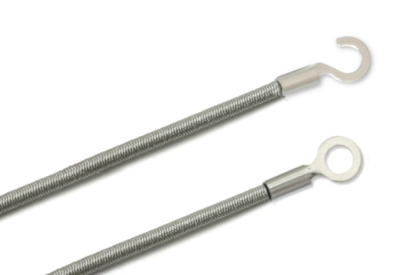 Gummischnüre mit Kabelschuhen, geschlossen und offen, grau