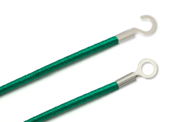 Gummischnüre mit Kabelschuhen, geschlossen und offen, dunkelgrün