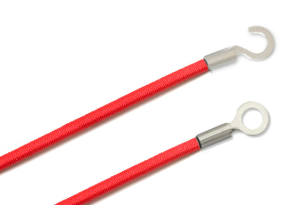 Gummischnüre mit Kabelschuhen, geschlossen und offen, rot